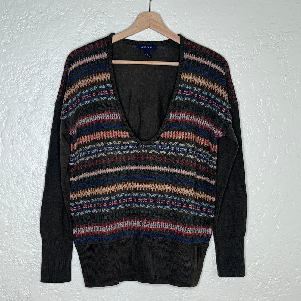 Lands' End Women' Merino Wool V-Neck Long Sleeve Brown Fair Isle Sweater Small
